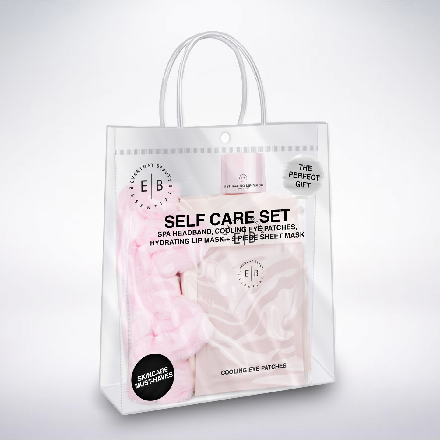 SELF CARE SET – SPA HEADBAND, COOLING EYE PATCHES, HYDRATING LIP MASK + 5-PIECE SHEET MASK